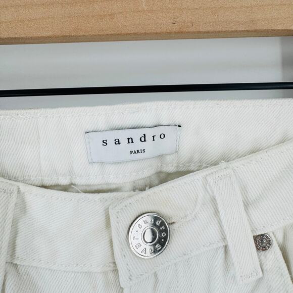 Sandro Paris Wide Leg Jeans Raw Hem Cream Denim High Rise Cotton Pants Size 36 - Picture 3 of 8